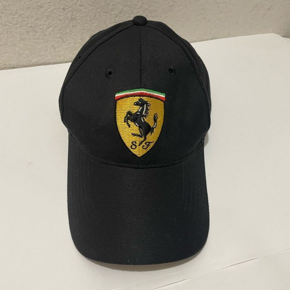 FERRARI PRANCING HORSE EMBLEM BLACK BRIM SOFT Embroidery Basebell Cap Hats - Picture 1 of 7